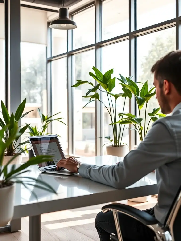 A photo of a person making an initial inquiry about Pod Life container homes, possibly on a laptop or phone, in a bright and modern office setting.