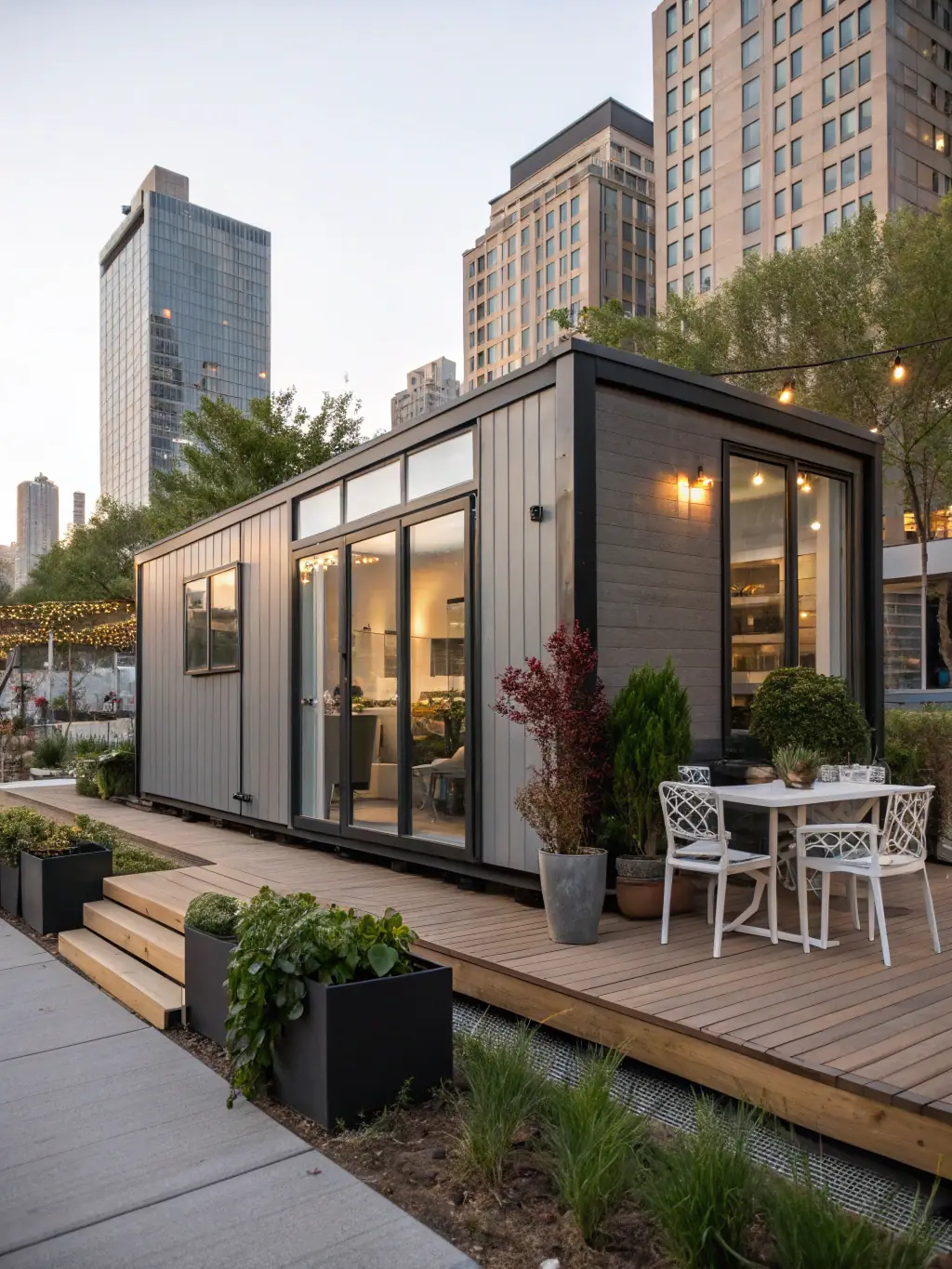 A modern container home with large windows and a wooden deck, surrounded by lush greenery, showcasing its integration with nature.