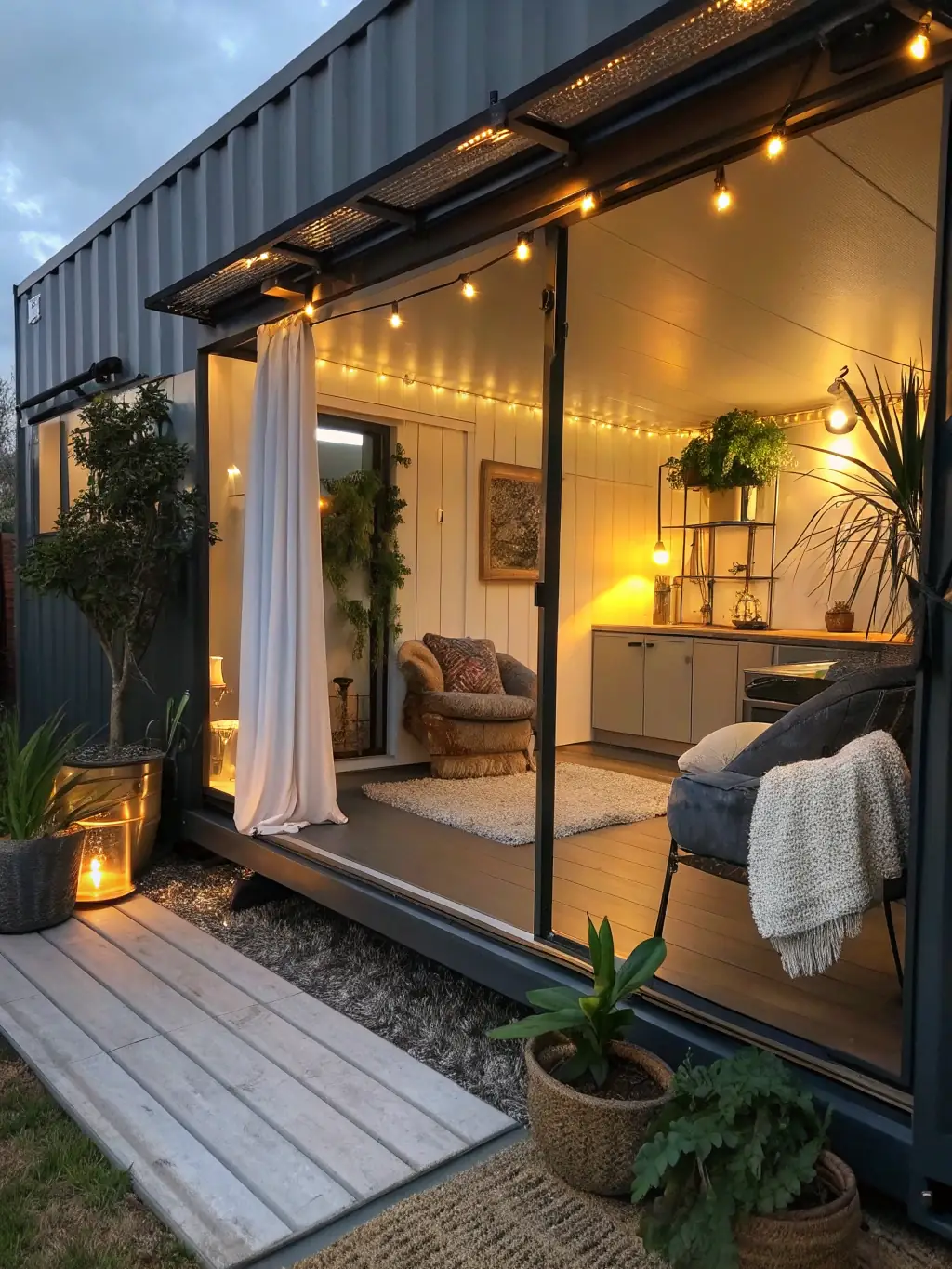 A photo of a fully furnished and decorated Pod Life container home, ready for rental, with happy tenants enjoying the space.