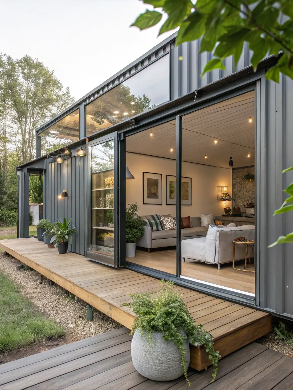 A minimalist container home featuring a sleek, modern design with clean lines and a neutral color palette, ideal for urban settings.